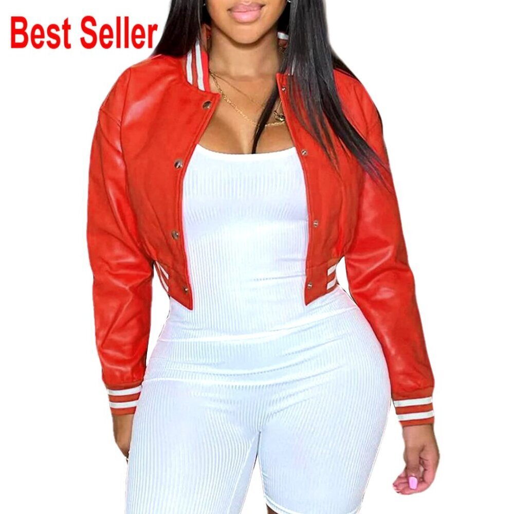 Faux Leather Bomber Jacket Cropped Snap Button Casual Outerwear